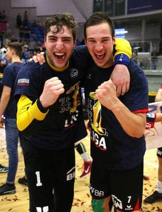BAU 11 05 2018 Bietigheim Handball SG BBM Bietigheim vs TV Emsdetten v l Domenico Ebner Dominik Claus BBM are happy about the victory