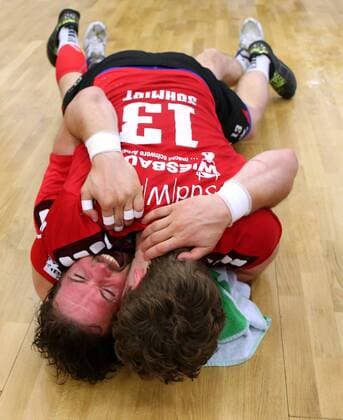 BAU 11 05 2018 Bietigheim Handball SG BBM Bietigheim vs. TV Emsdetten Valentin Schmidt BBM on Robin Haller BBM The players cheer for the promotion