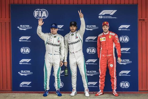May 12, 2018 - Barcelona, Catalonia, Spain - VALTTERI BOTTAS (FIN), 2nd, LEWIS HAMILTON (GBR), 1st and SEBASTIAN VETTEL (GER), 3rd, greet the crowd after winning the Pole Position for the Spanish GP at Circuit de Barcelona - Catalunya F1 2018: Spanish Grand Prix: Hamilton Wins Pole - ZUMAo105 20180512_zap_o105_014 Copyright: xMatthiasxOesterlex