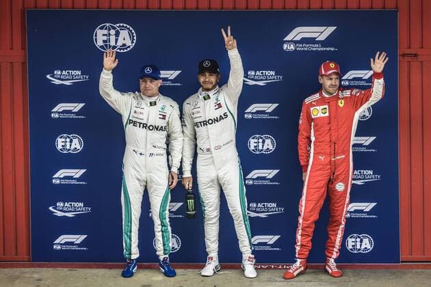 May 12, 2018 - Barcelona, Catalonia, Spain - VALTTERI BOTTAS (FIN), 2nd, LEWIS HAMILTON (GBR), 1st and SEBASTIAN VETTEL (GER), 3rd, greet the crowd after winning the Pole Position for the Spanish GP at Circuit de Barcelona - Catalunya F1 2018: Spanish Grand Prix: Hamilton Wins Pole - ZUMAo105 20180512_zap_o105_015 Copyright: xMatthiasxOesterlex