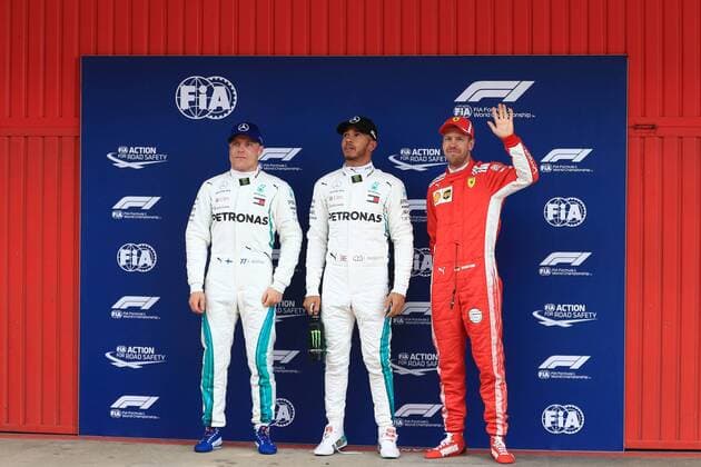 12th May, Circuit de Barcelona, Barcelona, Spain; Spanish Formula One Grand Prix, Saturday qualifying; Mercedes AMG Petronas Motorsport, Lewis Hamilton takes pole followed by team mate Valtteri Bottas and Scuderia Ferrari, Sebastian Vettel  ActionPlus12023905