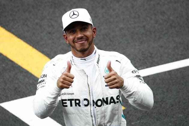 12th May, Circuit de Barcelona, Barcelona, Spain; Spanish Formula One Grand Prix, Saturday qualifying; Lewis Hamilton of Mercedes-AMG-Petronas Formula One Team celebrates his pole position in the Spanish GP  ActionPlus12023924