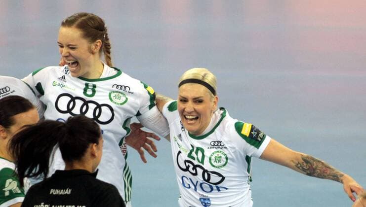 12.05.2018 Budapest(Hungary) CSM Bucuresti-Gyori Audi ETO KC women s handball champions league 1 2 final Anne Mette Hansen(L) , Anja Althaus(R) Gyori Audi ETO KC celebrate victory : 