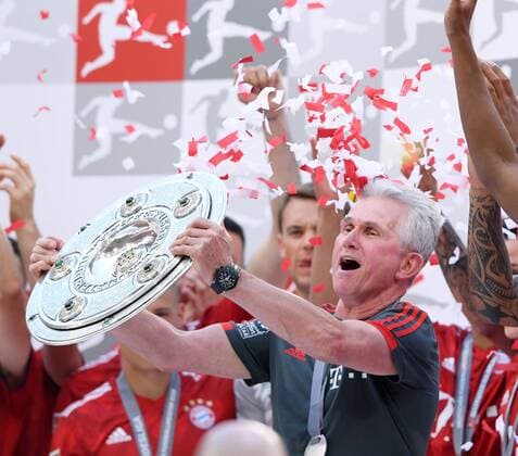 FOOTBALL 1 BUNDESLIGA SEASON 2017 2018 34 GAME DAY FC Bayern Muenchen VfB Stuttgart 12 05 2018 FC Bayern celebrates winning the 28 German championship coach Jupp Heynckes with the Meisterschale Muenchen
