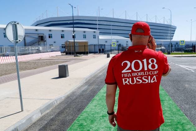KALININGRAD, RUSSIA - MAY 12, 2018: Outside the newly-built Kaliningrad Stadium ahead of a Russian Football National League match between Baltika Kaliningrad and FC Tyumen, the match being the third trial for the venue to host ahead of the forthcoming FIFA World Cup WM Weltmeisterschaft Fussball Russia 2018; Baltika Kaliningrad won 3-1. Vitaly Nevar TASS  TS07F448