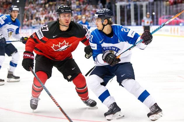Ryan Murray 27, CAN, Sebastian Aho 20, FIN during their IIHF Ice hockey Eishockey World Championship WM Weltmeisterschaft 2018 CAN - FIN match in Jyske Bank Boxen 12. May 2018 in Herning, Denmark.  Copyright: xTomixHänninenx tnp24SPO1219433695