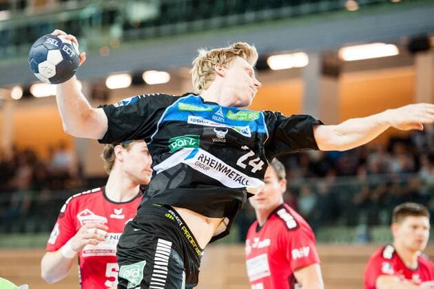 Thomas Bahn Nr 24 Vikings scored the goal HC Rhein Vikings vs HSG Nordhorn Lingen Handball 2 Bundesliga 12 05 18 Dusseldorf NRW Germany Castello Copyright: xcdn_nszx