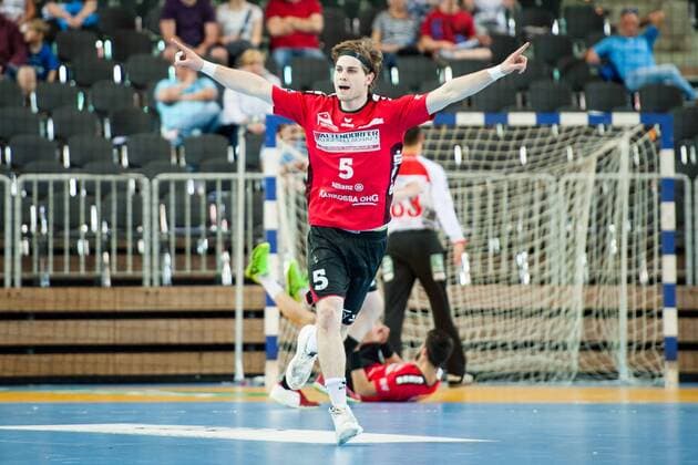 Jubilation with Lutz Heiny Nr 5 Nordhorn HC Rhine Vikings vs HSG Nordhorn Lingen Handball 2 Bundesliga 12 05 18 Düsseldorf NRW Germany Castello Copyright: xcdn_nszx