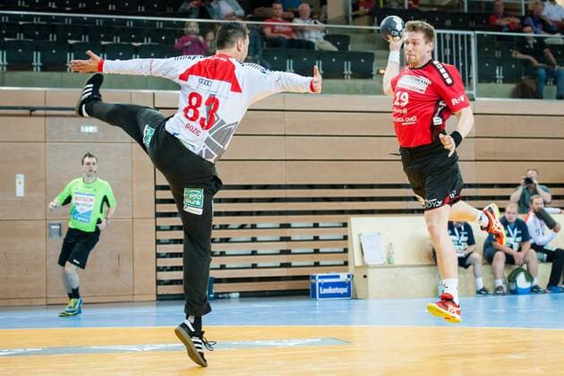 Vladimir Bozic No 83 Vikings faces him HC Rhein Vikings vs. HSG Nordhorn Lingen Handball 2 Bundesliga 12 05 18 Dusseldorf NRW Germany Castello Copyright: xcdn_nszx