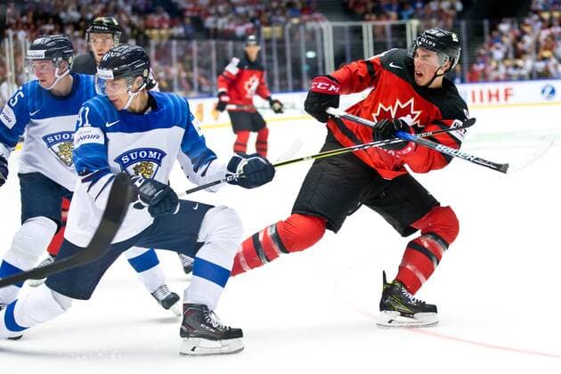 Miro Heiskanen 41, FIN, Ryan Nugent-Hopkins 93, CAN during their IIHF Ice hockey Eishockey World Championship WM Weltmeisterschaft 2018 CAN - FIN match in Jyske Bank Boxen 12. May 2018 in Herning, Denmark.  Copyright: xTomixHänninenx tnp24SPO1228373716