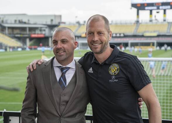 COLUMBUS, OH - MAY 12: Jon Busch 1of the Columbus Crew SC and Sporting Director and Head Coach Gregg Berhalter pose for a photo for the media before the game between the Columbus Crew SC and the Chicago Fire at MAPFRE Stadium on May 12, 2018. (Photo by Jason Mowry Icon Sportswire) SOCCER: MAY 12 MLS Fussball Herren USA - Chicago Fire at Columbus Crew Icon180512002 EDITORIAL USE ONLY