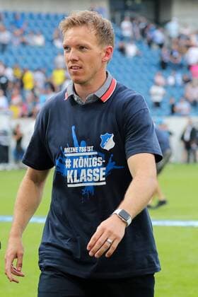 Julian Nagelsmann Head coach Hoffenheim with a T-shirt with the inscription My TSG is the premier class Action Action Jubilation after the final whistle Victory Winner Jubilant cheers Joy optimistic Qualification for the Champions League UCL individual image Football Bundesliga TSG 1899 Hoffenheim Borussia Dortmund xozx
