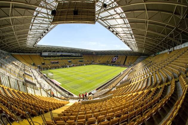 Wide-angle shot from DDV Stadion two hours before kick-off 2 Bundesliga season 2017 18 34 Round SG Dynamo Dresden 1 FC Union Berlin Sunday 13 05 2018 SG Dynamo Dresden vs 1 FC Union Berlin