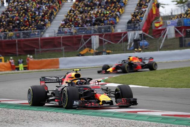 Photo4 LaPresse 13 05 2018 Barcelona, Spain Grand Prix Formula One Spain 2018 In the pic: Max Verstappen (NED) Red Bull Racing RB14 leads Daniel Ricciardo (AUS) Red Bull Racing RB14 & xa9; Photo4 LaPresse 13 05 2018 Barcelona, Spain Sport Grand Prix Formula One Spain 2018 In the pic: Max Verstappen (NED) Red Bull Racing RB14 leads Daniel Ricciardo (AUS) Red Bull Racing RB14  Copyright: xPhoto4 LaPressex