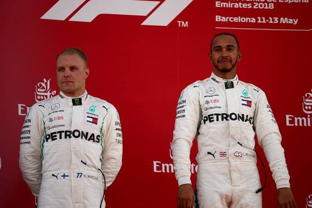 Photo4 LaPresse 13 05 2018 Barcelona, Spain Grand Prix Formula One Spain 2018 In the pic podium: 1st position Lewis Hamilton (GBR) Mercedes AMG F1 W09 2nd position Valtteri Bottas (FIN) Mercedes AMG F1 W09 & xa9; Photo4 LaPresse 13 05 2018 Barcelona, Spain Sport Grand Prix Formula One Spain 2018 In the pic podium: 1st position Lewis Hamilton (GBR) Mercedes AMG F1 W09 2nd position Valtteri Bottas (FIN) Mercedes AMG F1 W09  Copyright: xPhoto4 LaPressex