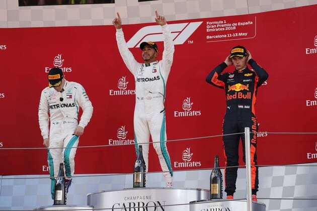 Photo4 LaPresse 13 05 2018 Barcelona, Spain Grand Prix Formula One Spain 2018 In the pic: podium: 1st position Lewis Hamilton (GBR) Mercedes AMG F1 W09 2nd position Valtteri Bottas (FIN) Mercedes AMG F1 W09 3rd position Max Verstappen (NED) Red Bull Racing RB14 & xa9; Photo4 LaPresse 13 05 2018 Barcelona, Spain Sport Grand Prix Formula One Spain 2018 In the pic: podium: 1st position Lewis Hamilton (GBR) Mercedes AMG F1 W09 2nd position Valtteri Bottas (FIN) Mercedes AMG F1 W09 3rd position Max Verstappen (NED) Red Bull Racing RB14  Copyright: xPhoto4 LaPressex