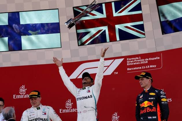 Photo4 LaPresse 13 05 2018 Barcelona, Spain Grand Prix Formula One Spain 2018 In the pic: podium: 1st position Lewis Hamilton (GBR) Mercedes AMG F1 W09 2nd position Valtteri Bottas (FIN) Mercedes AMG F1 W09 3rd position Max Verstappen (NED) Red Bull Racing RB14 & xa9; Photo4 LaPresse 13 05 2018 Barcelona, Spain Sport Grand Prix Formula One Spain 2018 In the pic: podium: 1st position Lewis Hamilton (GBR) Mercedes AMG F1 W09 2nd position Valtteri Bottas (FIN) Mercedes AMG F1 W09 3rd position Max Verstappen (NED) Red Bull Racing RB14  Copyright: xPhoto4 LaPressex