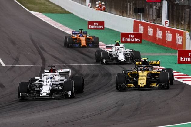 May 13, 2018 - Barcelona, Catalonia, Spain - 09 Marcus Ericsson from Sweden Alfa Romeo Sauber F1 Team C37 followed by 55 Carlos Sainz from Spain Renault F1 Team RS18, 16 Charles Leclerc Monaco with Alfa Romeo Sauber F1 Team C37 and 14 Fernando Alonso from Spain with McLaren Renault MCL33 during the Spanish Formula One Grand Prix at Circuit de Catalunya on May 13, 2018 in Montmelo, Spain. Spanish F1 Grand Prix  - ZUMAn230 20180513_zaa_n230_874 Copyright: xXavierxBonillax