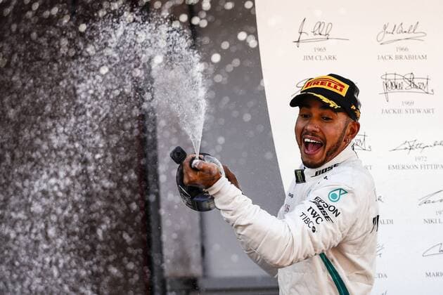 May 13, 2018 - Barcelona, Catalonia, Spain - 44 Lewis Hamilton from Great Britain Mercedes W09 Hybrid EQ Power+ team Mercedes GP celebrating his victory at the podium during the Spanish Formula One Grand Prix at Circuit de Catalunya on May 13, 2018 in Montmelo, Spain. Spanish F1 Grand Prix  - ZUMAn230 20180513_zaa_n230_887 Copyright: xXavierxBonillax