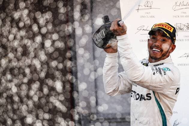 May 13, 2018 - Barcelona, Catalonia, Spain - 44 Lewis Hamilton from Great Britain Mercedes W09 Hybrid EQ Power+ team Mercedes GP celebrating his victory at the podium during the Spanish Formula One Grand Prix at Circuit de Catalunya on May 13, 2018 in Montmelo, Spain. Spanish F1 Grand Prix  - ZUMAn230 20180513_zaa_n230_895 Copyright: xXavierxBonillax