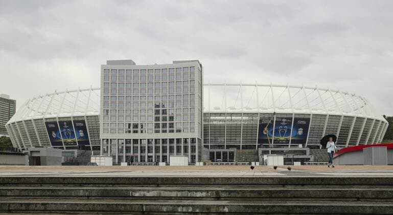 May 13, 2018 - Kiev, Ukraine - NSC Olimpiyskiy covered with banners for the Champions League in Kyiv, Ukraine, May 13, 2018. Kyiv prepares to host UEFA Women s Champions League final between Wolfsburg and Lyon at Valeriy Lobanovskiy Dynamo Stadium on 24 May, 2018 and the UEFA Champions League final match between Real Madrid and Liverpool at NSC Olimpiyskiy Stadium on Saturday 26 May, 2018. Kyiv prepares for UEFA Champions League final  - ZUMAn230 20180513_zaa_n230_908 Copyright: xSergiixKharchenkox