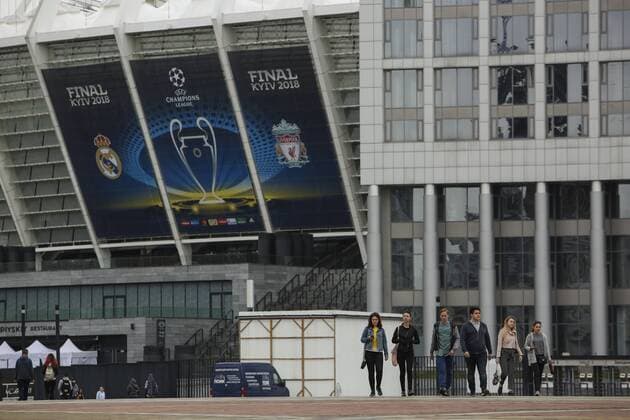 May 13, 2018 - Kiev, Ukraine - People walk near NSC Olimpiyskiy in Kyiv, Ukraine, May 13, 2018. Kyiv prepares to host UEFA Women s Champions League final between Wolfsburg and Lyon at Valeriy Lobanovskiy Dynamo Stadium on 24 May, 2018 and the UEFA Champions League final match between Real Madrid and Liverpool at NSC Olimpiyskiy Stadium on Saturday 26 May, 2018. Kyiv prepares for UEFA Champions League final  - ZUMAn230 20180513_zaa_n230_911 Copyright: xSergiixKharchenkox