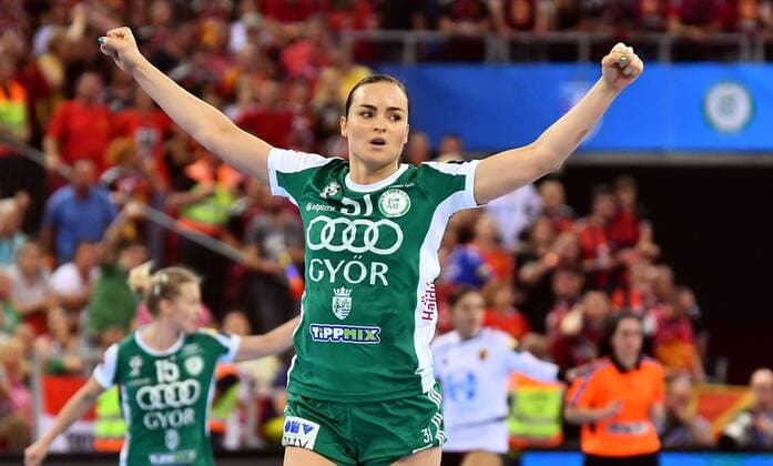 13.05.2018 Budapest(Hungary) Györi Audi ETO KC-WHC Vardar EHF Champions League Final 4-final women s handball Yvette Broch Györi Audi ETO KC celebrate during match :Str 