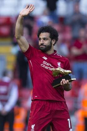 13th May 2018, Anfield, Liverpool, England; EPL Premier League football, Liverpool versus Brighton and Hove Albion; Mohamed Salah of Liverpool with his Golden Boot trophy as Premier League top scorer for the 2017-818 season  ActionPlus12025111