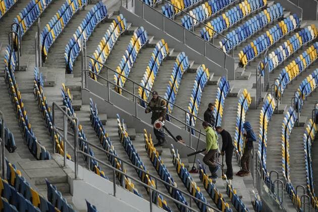 May 14, 2018 - Kiev, Ukraine - Workers prepare the NSC Olimpiyskiy stadiumfor the final match of the UEFA Champions League, Kyiv, Ukraine, May, 2018 . Kyiv for the 2018 UEFA Champions League final between Real Madrid and Liverpool has been putting the finishing touches to decorations and installing facilities with over 870,000 euros spent on infrastructure. Kyiv prepares NSC Olimpiyskiy for UCLF  - ZUMAn230 20180514_zaa_n230_677 Copyright: xSergiixKharchenkox