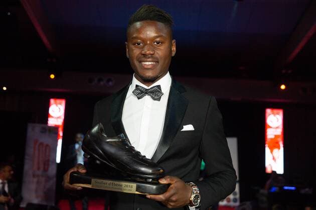 Winner Club s Anthony Limbombe poses with his trophy at the 27th Gala of the Ebony Shoe, at the Birmingham Palace venue, in Brussels, Monday 14 May 2018. The Ebony Shoe award is given to the best African or of African descend player in the Jupiler Pro League Belgian first division soccer competition. JAMESxARTHURxGEKIERE  x05346201x