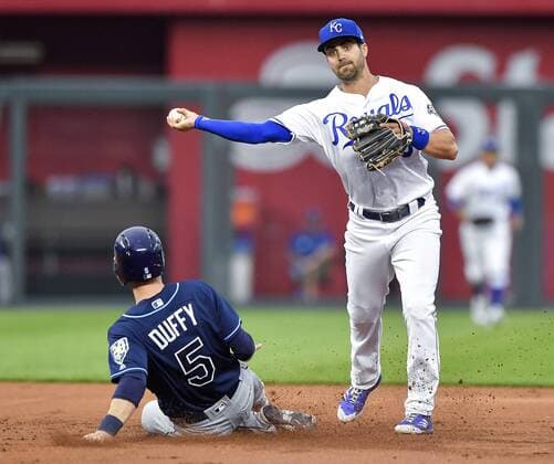 May 14, 2018 - Kansas City, MO, USA - Kansas City Royals second baseman Whit Merrifield forces out Tampa Bay Rays Matt Duffy at second before completing the double play on Wilson Ramos to end the first inning during Monday s baseball game on May 14, 2018, at Kauffman Stadium in Kansas City, Mo. Royals vs Rays - ZUMAm67_ 20180514_zaf_m67_030 Copyright: xJohnxSleezerx