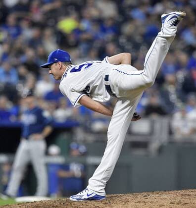 May 14, 2018 - Kansas City, MO, USA - Kansas City Royals starting pitcher Eric Skoglund throws during Monday s baseball game against the Tampa Bay Rays on May 14, 2018, at Kauffman Stadium in Kansas City, Mo. The Rays won, 2-1. Royals vs Rays - ZUMAm67_ 20180514_zaf_m67_044 Copyright: xJohnxSleezerx