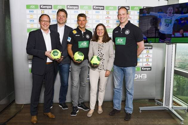 PK to the handball Laenderpielen in the Olympiahalle Olympiaturm Muenchen 15 05 2018 Participants National coach Christian Prokop men and Henk Groener women as well as the DHB chairman of the board Mark Schober and Olympiapark managing director Marion Schöne Â