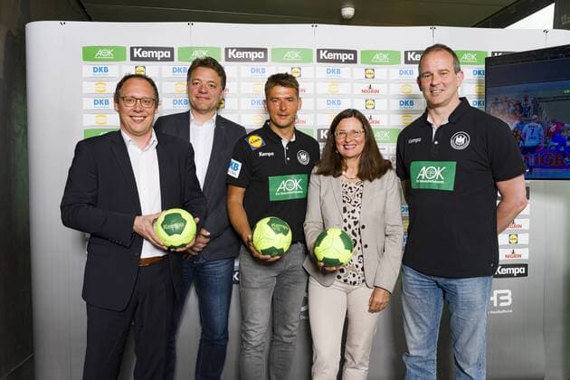 PK to the handball Laenderpielen in the Olympiahalle Olympiaturm Muenchen 15 05 2018 Participants National coach Christian Prokop men and Henk Groener women as well as the DHB chairman of the board Mark Schober and Olympiapark managing director Marion Schöne Â