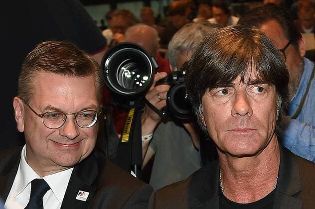 Kaderbekanntgabe WM 2018 on 15 05 2018 in the German Football Museum in Dortmund Reinhard Grindel DFB President left Joachim Jogi Löw National coach right xRx