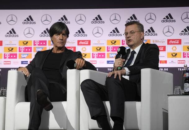 15 05 2018 Football National Team DFB Announcement of the provisional World Cup squad for the Football World Cup 2018 in Russia at the Football Museum in Dortmund National coach Joachim Loew Joachim Löw Germany left and DFB President Reinhard Grindel Germany Team2