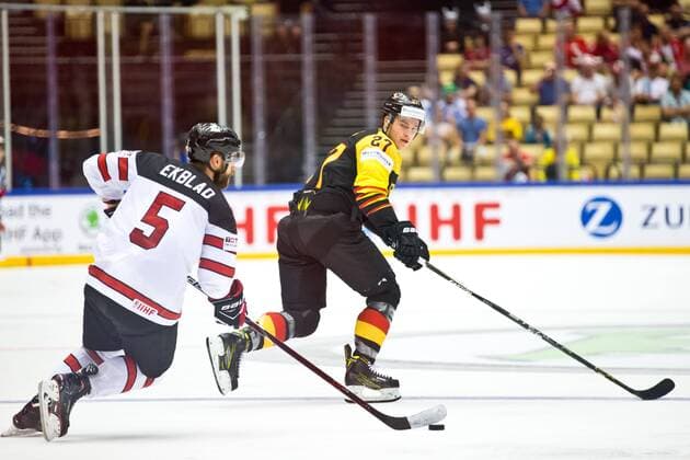 Aaron Ekblad 5, CAN, Sebastian Uvira 27, GER during their IIHF Ice hockey Eishockey World Championship WM Weltmeisterschaft 2018 CAN - GER match in Jyske Bank Boxen 15. May 2018 in Herning, Denmark.  Copyright: xTomixHänninenx tnp24SPO1507423984