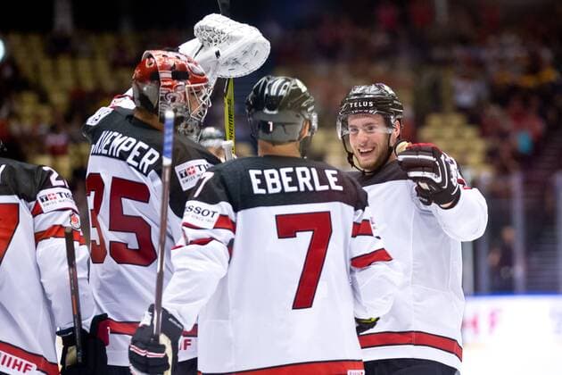 Darcy Kuemper 35, CAN, Jordan Eberle 7, CAN, Pierre-Luc Dubois 18, CAN during their IIHF Ice hockey Eishockey World Championship WM Weltmeisterschaft 2018 CAN - GER match in Jyske Bank Boxen 15. May 2018 in Herning, Denmark.  Copyright: xTomixHänninenx tnp24SPO1514573989