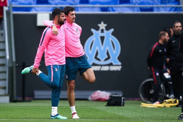 SOCCER - EL, Madrid vs Marseille LYON,FRANCE,15.MAY.18 - SOCCER - UEFA Europa League, final, Atletico Madrid vs Olympique Marseille, training Madrid. Image shows Diego Costa and Stefan Savic (Atletico). GEPAxpictures xDanielxGoetzhaber