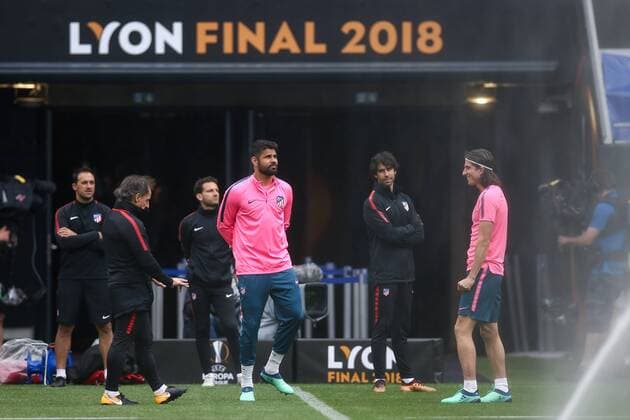 SOCCER - EL, Madrid vs Marseille LYON,FRANCE,15.MAY.18 - SOCCER - UEFA Europa League, final, Atletico Madrid vs Olympique Marseille, training Madrid. Image shows Diego Costa and Filipe Luis (Atletico). GEPAxpictures xDanielxGoetzhaber