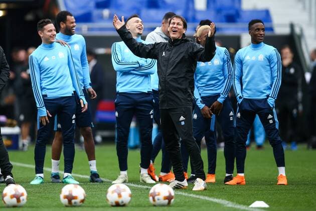 SOCCER - EL, Madrid vs Marseille LYON,FRANCE,15.MAY.18 - SOCCER - UEFA Europa League, final, Atletico Madrid vs Olympique Marseille, training Marseille. Image shows Florian Thauvin, Rolando, Lucas Ocampos, head coach Rudi Garcia, Clinton Njie and Bouna Sarr (Marseille). GEPAxpictures xDanielxGoetzhaber