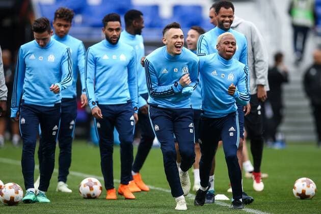 SOCCER - EL, Madrid vs Marseille LYON,FRANCE,15.MAY.18 - SOCCER - UEFA Europa League, final, Atletico Madrid vs Olympique Marseille, training Marseille. Image shows Lucas Ocampos, Clinton Njie and Rolando (Marseille). GEPAxpictures xDanielxGoetzhaber