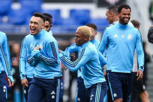 SOCCER - EL, Madrid vs Marseille LYON,FRANCE,15.MAY.18 - SOCCER - UEFA Europa League, final, Atletico Madrid vs Olympique Marseille, training Marseille. Image shows Lucas Ocampos, Clinton Njie and Rolando (Marseille). GEPAxpictures xDanielxGoetzhaber