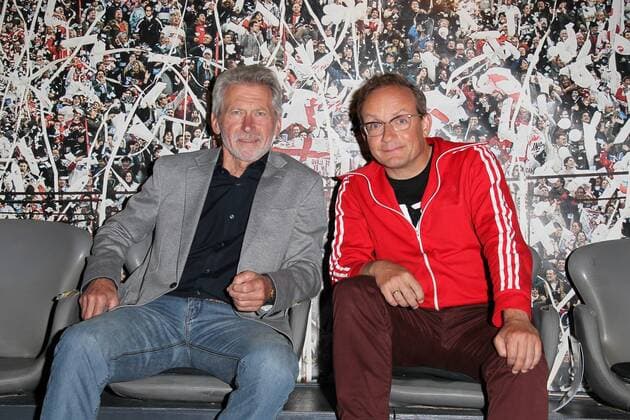 Paul Breitner Wigald Boning History of Football Preview Screening Germany your footballing soul with Wigald Boning and Paul Breitner in the football pub Stadion in Muenchen on 15 05 2018