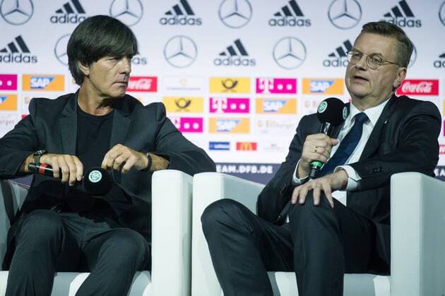 Joachim LOEW li Löw Jogi National coach GER and Reinhard Dieter GRINDEL DFB President on stage Stage half figure Half figure talking Speaking announcement of the German national team GER before the 2018 World Cup in the Football Museum in Dortmund on 15 05 2018 Â