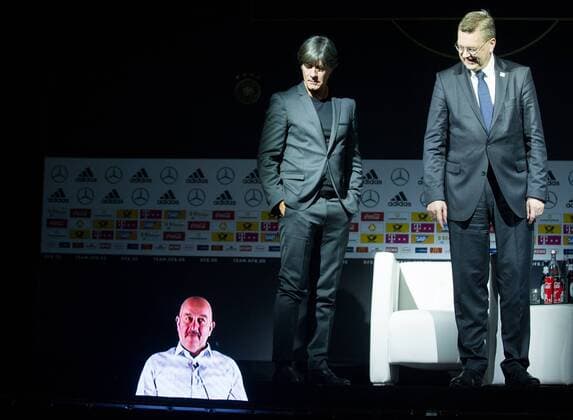 Joachim LOEW with Löw Jogi national coach GER and Reinhard Dieter GRINDEL re DFB President watch as the 3D projection of Stanislaw TSCHERTSCHESSOW coach RUS sinks in the ground full figure caderbekanntgabe the German national team GER before the 2018 World Cup in the Football Museum in Dortmund on 15 05 2018 Â