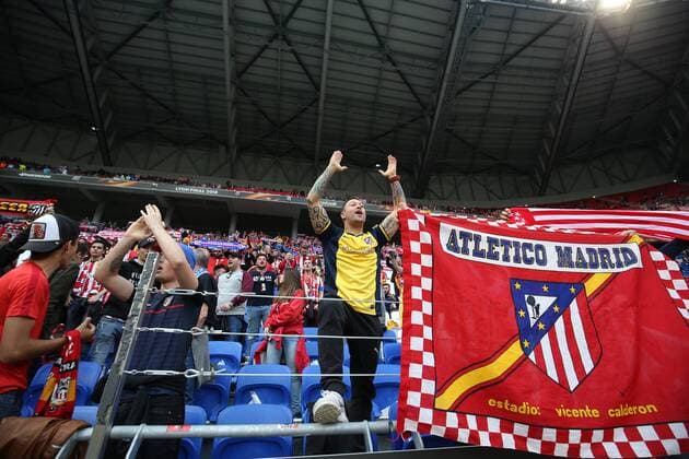 FuÃŸball, EL, Finale, Atletico Madrid Fans in Lyon 16th May 2018, Stade de Lyon, Lyon, France; Europa League football final, Marseille versus Atletico Madrid; Atletico fans in full voice before the game  ActionPlus12025910
