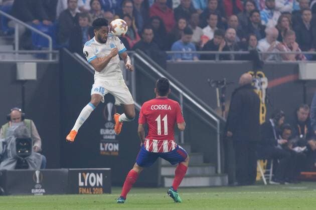 Lyon France 16 05 2018 UEFA Europa League 2017 18 Season Final Olympique Marseille Atlético Madrid Jordan Amavi Marseille and Angel Correa Atlético Madrid defeated DeFodi048