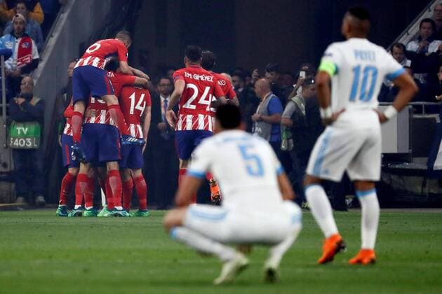 Atletico Madrid s players jubilate the first goal of the team during the UEFA Europa League final between Olympique Marseille and Atletico Madrid at the Parc Olympique Lyonnais stadium in Lyon, France, 16 May 2018. Olympique Marseille vs. Atletico Madrid !ACHTUNG: NUR REDAKTIONELLE NUTZUNG!  Copyright: xMARISCALx LYO23 20180516-636621024613504011