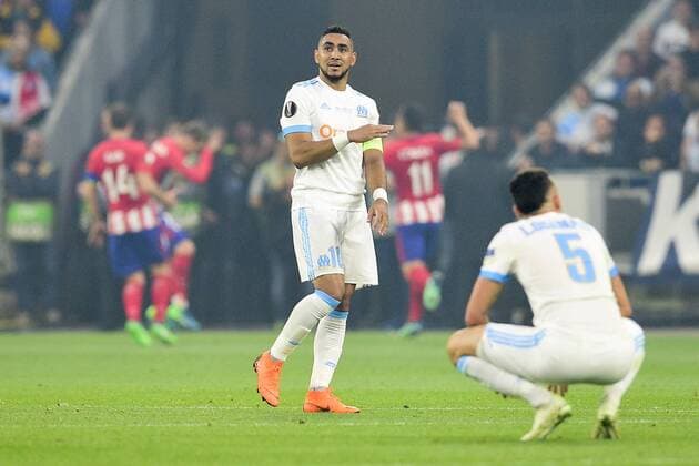 Fußball, EL, Finale, Olympique Marseille - Atletico Madrid joie des joueurs de l Atletico Madrid apres le but de Antoine Griezmann (Atletico) Deception des joueurs de Marseille - PAYET Dimitri (OM) OCAMPOS Lucas (OM) FOOTBALL : Finale Europa League - Olympique de Marseille vs Atletico Madrid - Lyon - 16 05 2018 JBAutissier Panoramic 